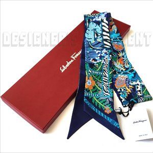 SALVATORE FERRAGAMO blue AMO Jungle 2-sided skinny TWILLY silk twill scarf +🎁